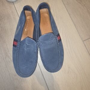 Gucci Navy Suede Loafers with Red Stripe